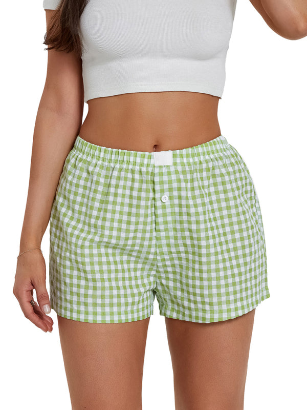 High Waist Wide Leg Plaid Shorts - Vintage Casual Summer Shorts Pale green