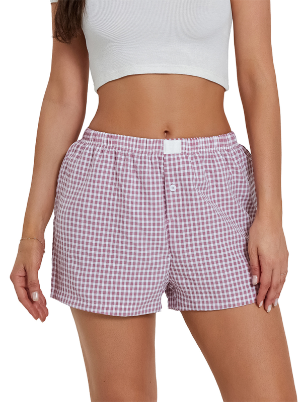 High Waist Wide Leg Plaid Shorts - Vintage Casual Summer Shorts Purple