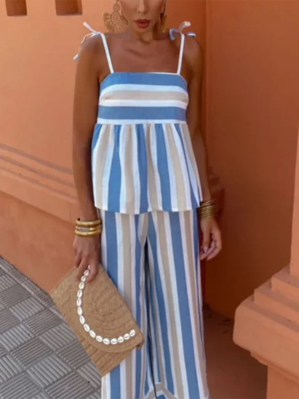 Suspender Trousers Suit Two-Piece | Color Matching Stripe Design | Pink & Blue Blue