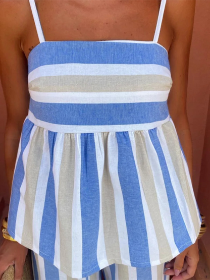 Suspender Trousers Suit Two-Piece | Color Matching Stripe Design | Pink & Blue