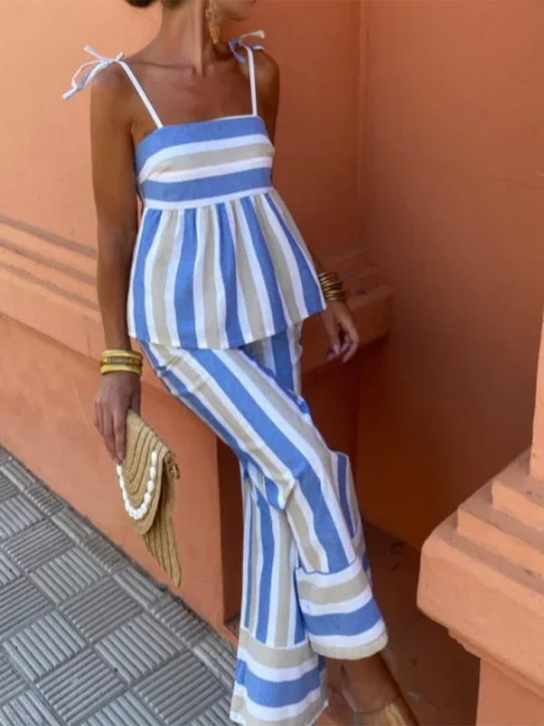 Suspender Trousers Suit Two-Piece | Color Matching Stripe Design | Pink & Blue