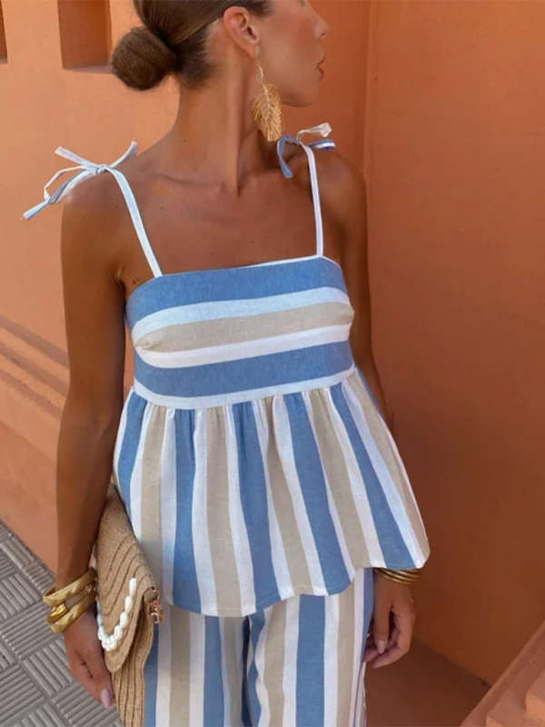 Suspender Trousers Suit Two-Piece | Color Matching Stripe Design | Pink & Blue