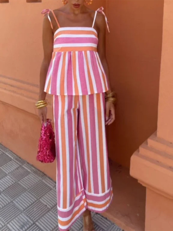 Suspender Trousers Suit Two-Piece | Color Matching Stripe Design | Pink & Blue Pink
