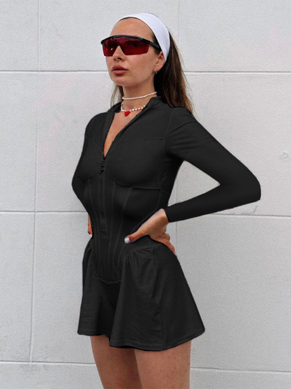 Women's Solid Color Casual Sportswear Zipper Wide-Leg Jumpsuit Shorts