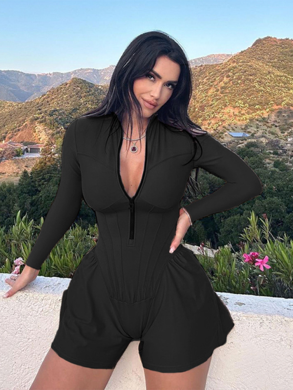 Women's Solid Color Casual Sportswear Zipper Wide-Leg Jumpsuit Shorts