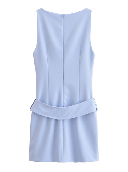 Belted Fitted Dress | Spring Summer Casual | Blue & Cream Colors