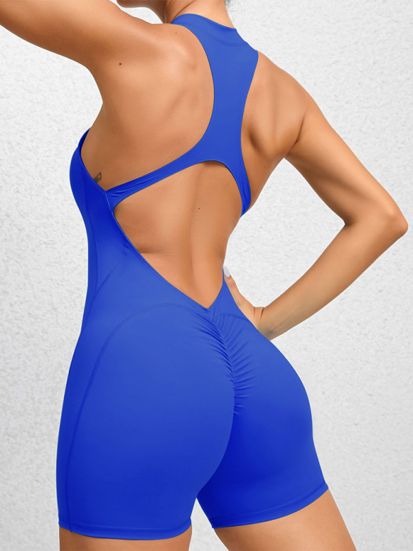 Tight zippered sports yoga pants peach hips one-piece quick-drying pleated fitness Jumpsuit Royal blue