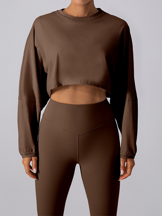 Round neck sweatshirt T-shirt sports short base shirt yoga running loose long sleeve top Brown