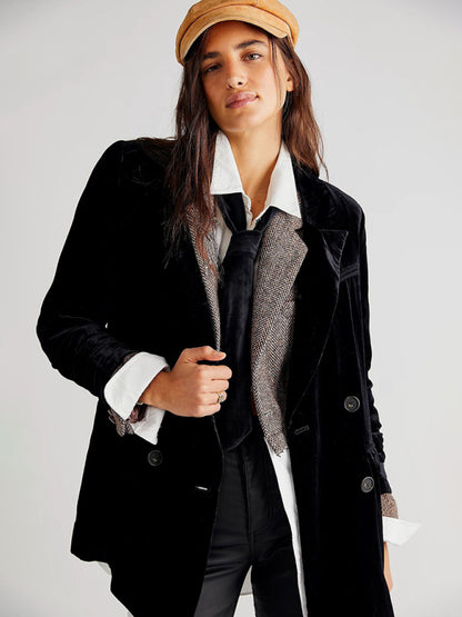 Women's Velvet Split Blazer - Lapel Collar - Multiple Colors - Autumn Winter Black
