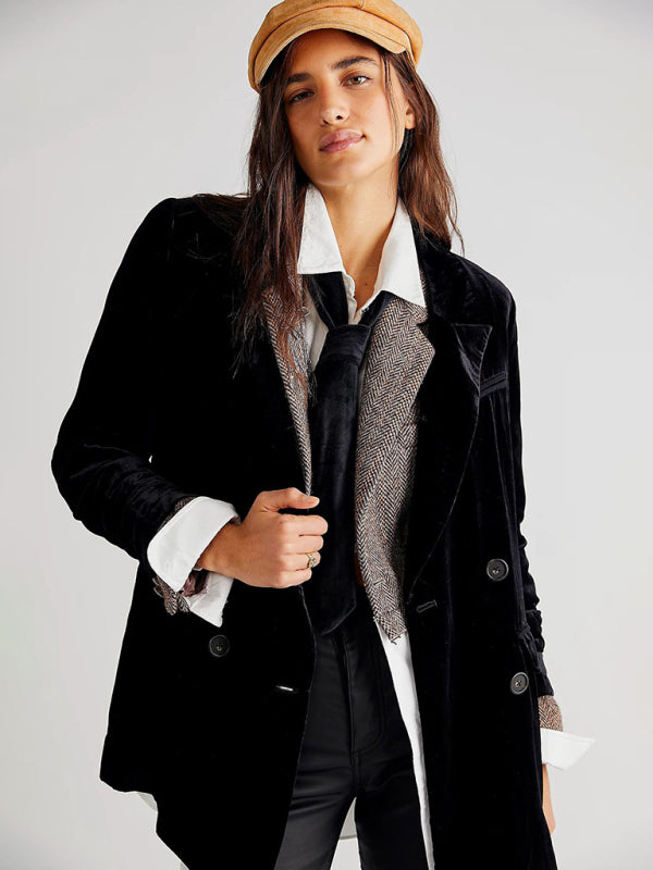 Women's Velvet Split Blazer - Lapel Collar - Multiple Colors - Autumn Winter Black