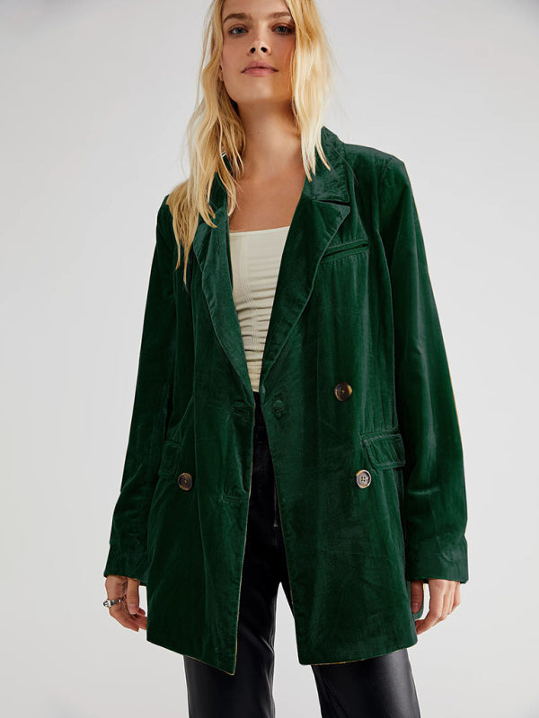 Women's Velvet Split Blazer - Lapel Collar - Multiple Colors - Autumn Winter Green black jasper