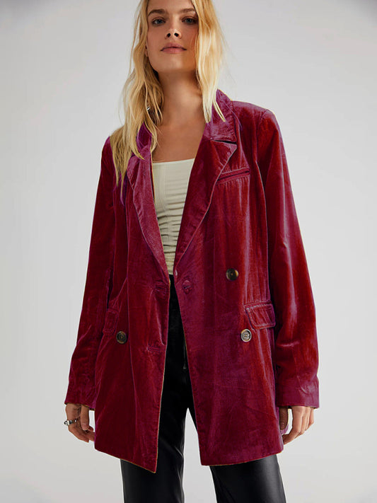 Women's Velvet Split Blazer - Lapel Collar - Multiple Colors - Autumn Winter Wine Red