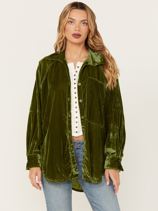 Golden Velvet Oversize Long Sleeve Loose Shirt Jacket Olive green