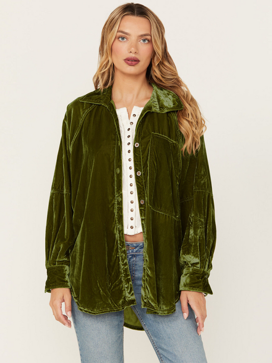 Golden Velvet Oversize Long Sleeve Loose Shirt Jacket Olive green