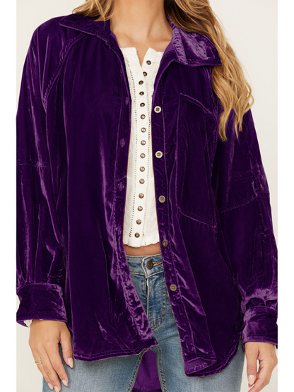 Golden Velvet Oversize Long Sleeve Loose Shirt Jacket Purple