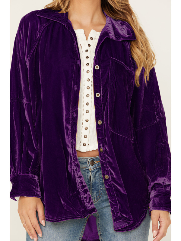 Golden Velvet Oversize Long Sleeve Loose Shirt Jacket Purple