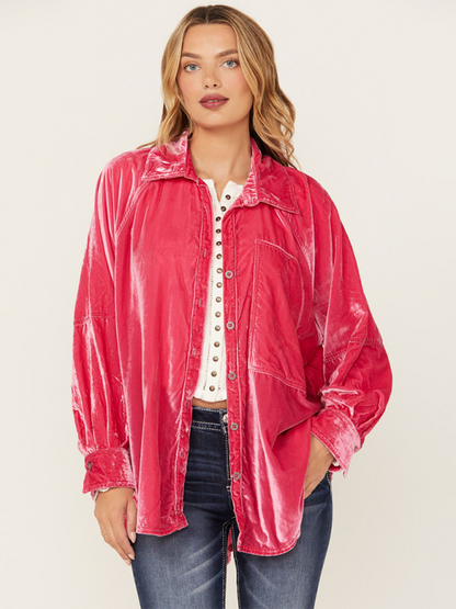 Golden Velvet Oversize Long Sleeve Loose Shirt Jacket Pink