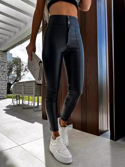 High-waisted stretch PU leather skinny bottoming pants Black
