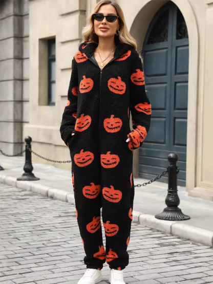 New Halloween Pumpkin Print Zipper Loose Plush Jumpsuit Black