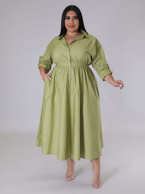 Plus Size Women's Solid Color Long Sleeve Shirt Dresses Olive green