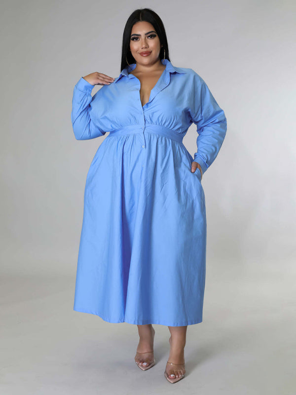 Plus Size Women's Solid Color Long Sleeve Shirt Dresses Blue