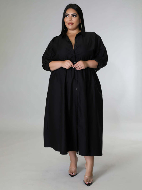 Plus Size Women's Solid Color Long Sleeve Shirt Dresses Black