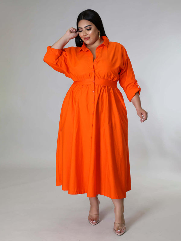 Plus Size Women's Solid Color Long Sleeve Shirt Dresses Orange Red