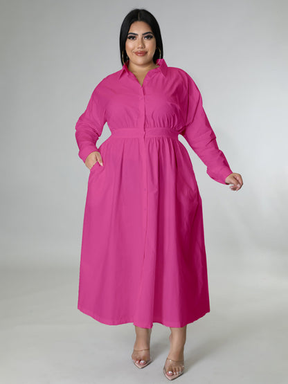 Plus Size Women's Solid Color Long Sleeve Shirt Dresses Rose