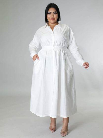 Plus Size Women's Solid Color Long Sleeve Shirt Dresses White