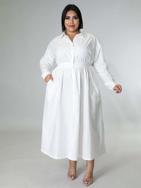 Plus Size Women's Solid Color Long Sleeve Shirt Dresses White