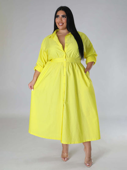 Plus Size Women's Solid Color Long Sleeve Shirt Dresses Yellow green
