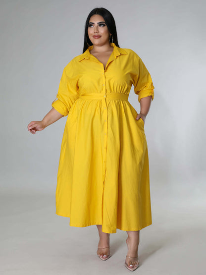 Plus Size Women's Solid Color Long Sleeve Shirt Dresses Yellow