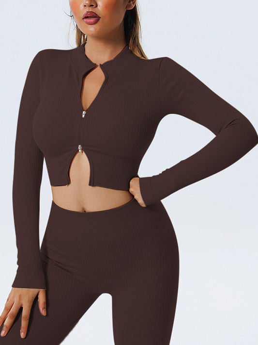 Fitness Sports Yoga Long Sleeve Zipper Top Brown