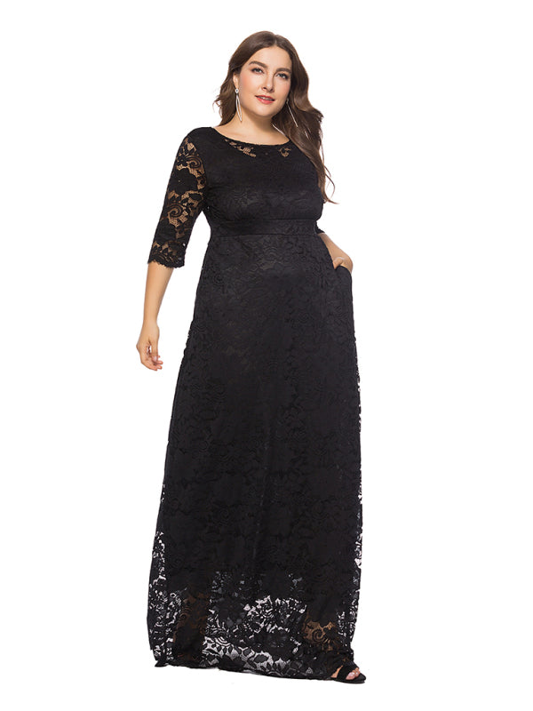Plus size women's new elegant lace dress Black