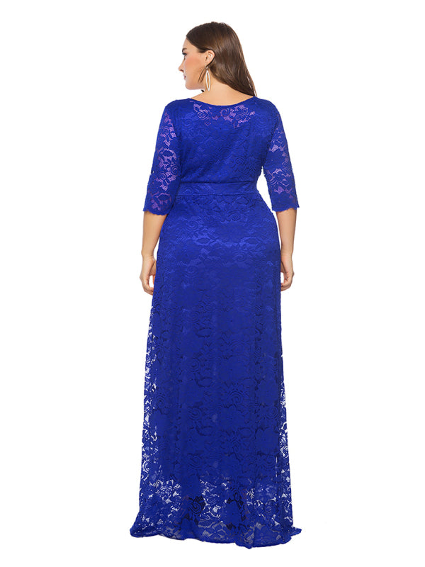 Plus size women's new elegant lace dress Purplish blue navy