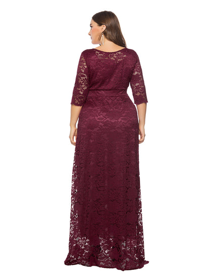 Plus size women's new elegant lace dress Dark Red