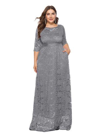 Plus size women's new elegant lace dress Grey