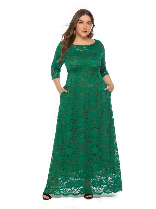 Plus size women's new elegant lace dress Green