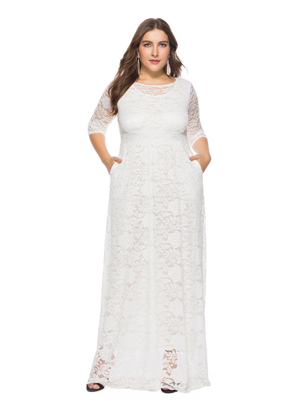 Plus size women's new elegant lace dress White