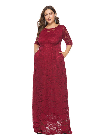 Plus size women's new elegant lace dress Wine Red