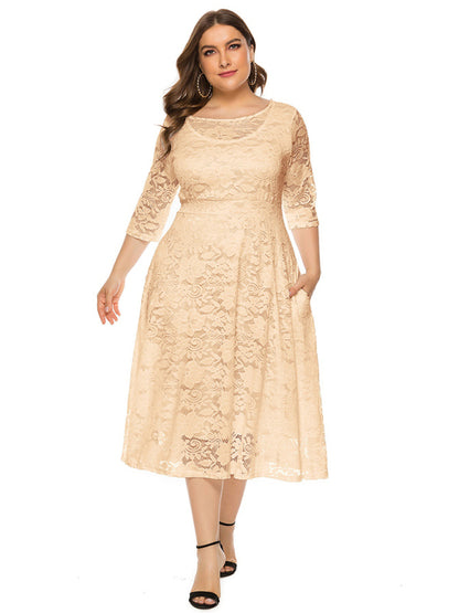 Plus size women's new evening dress bridesmaid dress lace pocket dress Cracker khaki