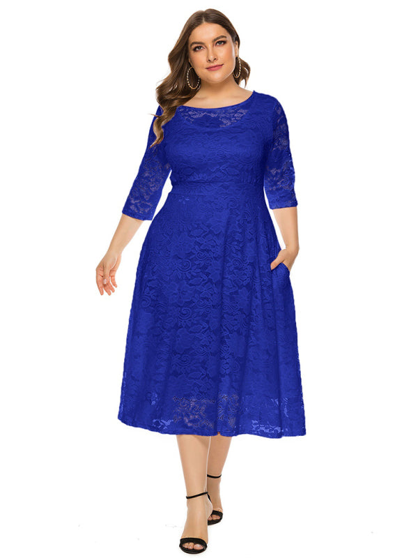 Plus size women's new evening dress bridesmaid dress lace pocket dress