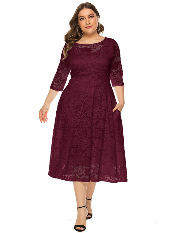 Plus size women's new evening dress bridesmaid dress lace pocket dress Dark Red