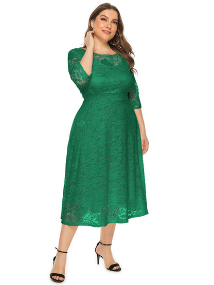 Plus size women's new evening dress bridesmaid dress lace pocket dress Green