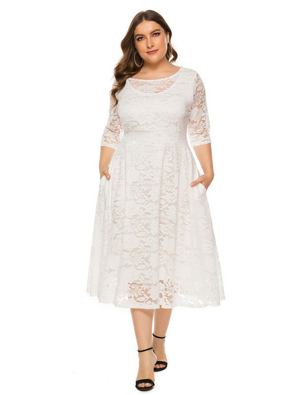 Plus size women's new evening dress bridesmaid dress lace pocket dress White