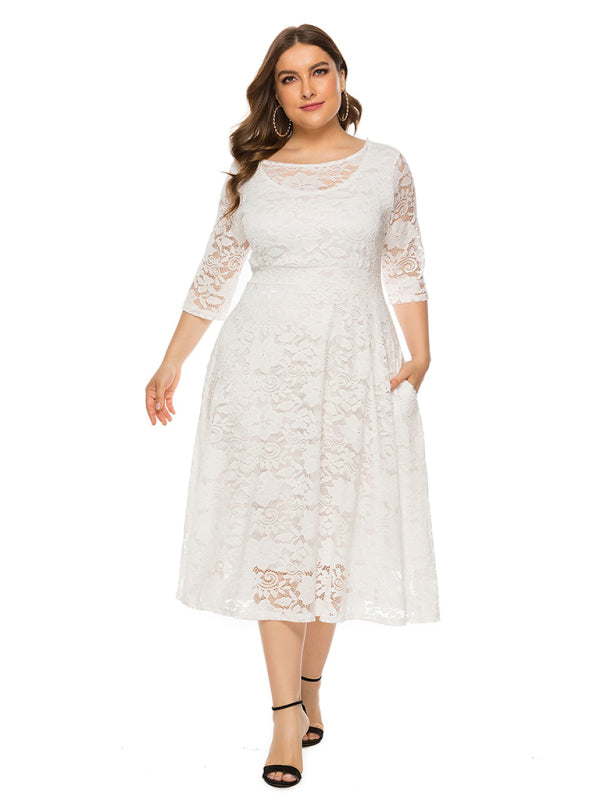 Plus size women's new evening dress bridesmaid dress lace pocket dress