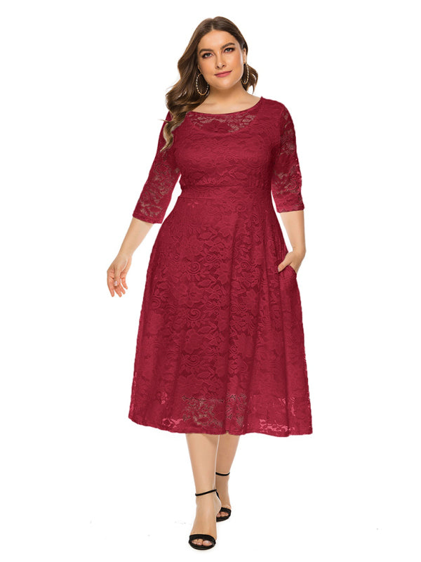 Plus size women's new evening dress bridesmaid dress lace pocket dress Wine Red