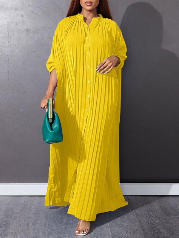 Plus size women's new fashion loose casual pleated dress Yellow