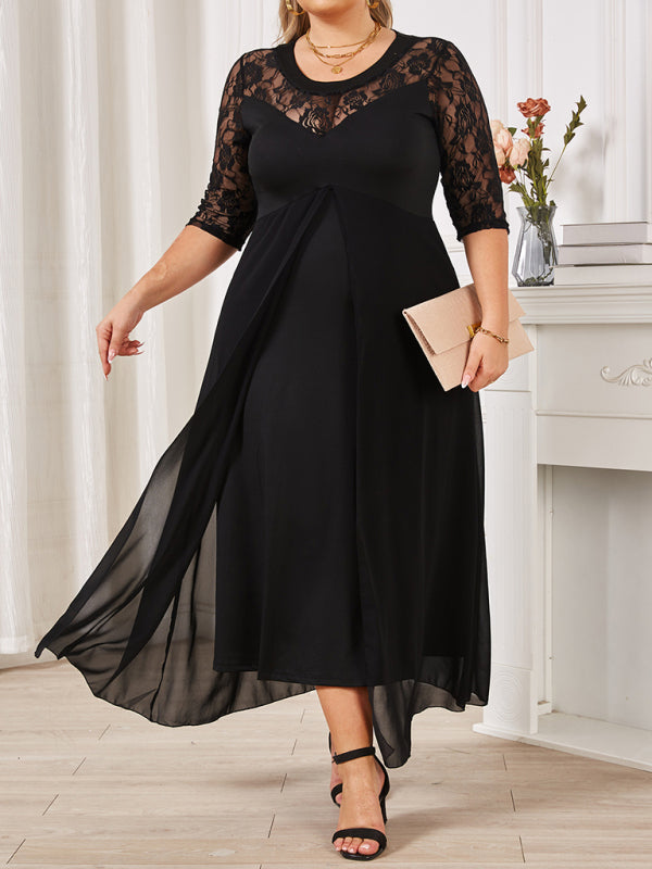 Plus size women's round neck lace splicing V neck half sleeve big swing dress Black