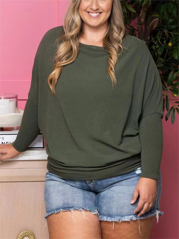 Plus size women's casual solid color long sleeve T-shirt Olive green